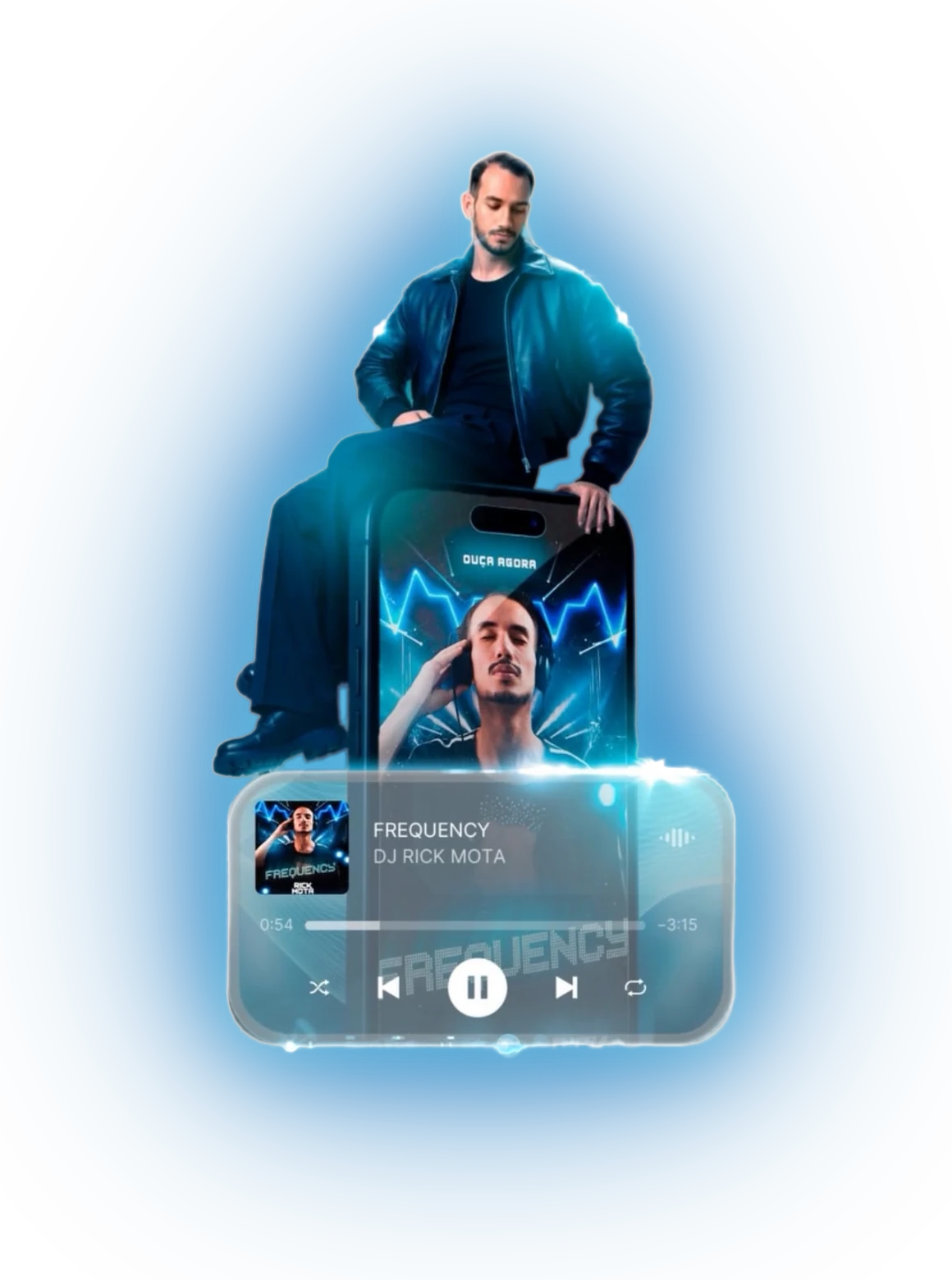 DJ Rick Mota sentado sobre um celular gigante tocando o set FREQUENCY